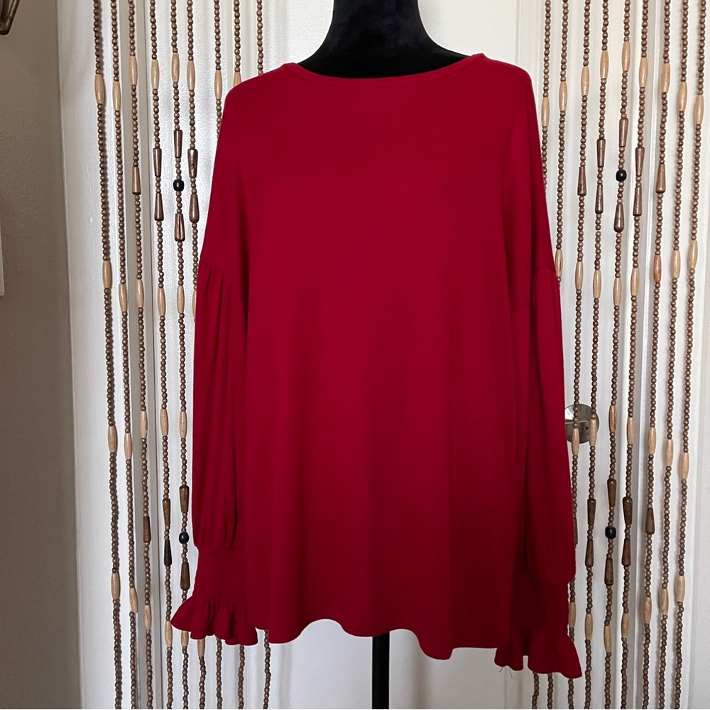 Miholl Drop Shoulder Balloon Sleeve Shirred Cuff Knit Top Womens Red XL